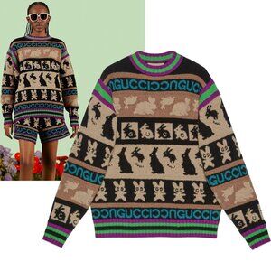 GUCCI SWEATER WOOL JACQUARD BUNNY DESIGN CREWNECK LOGO SIGNATURE sz M MEDIUM